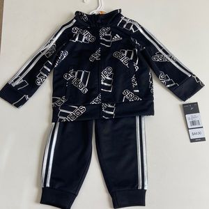 Adidas two piece tracksuit, black and silver girls size 12 months never worn
